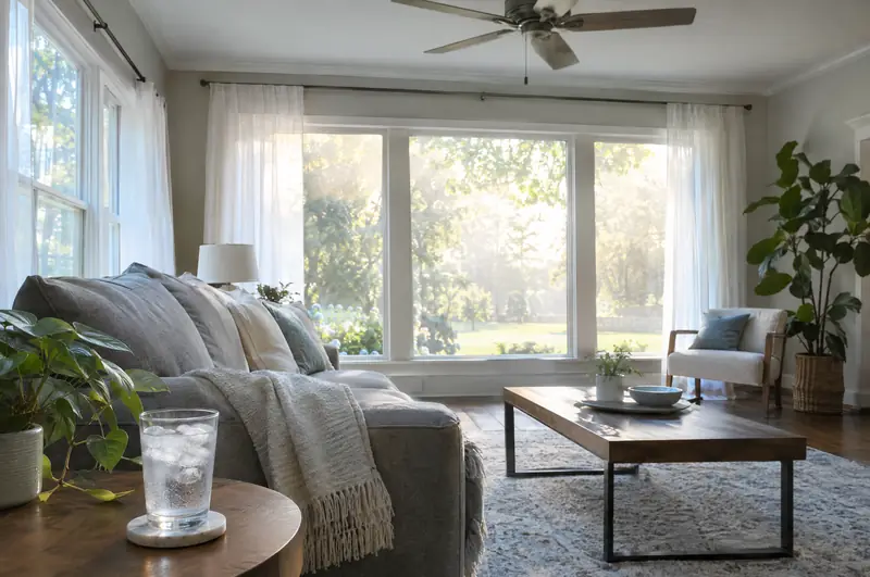 A cool, quiet living room with sheer curtains and a glass of iced water while bright summer sun blazes outside the windows