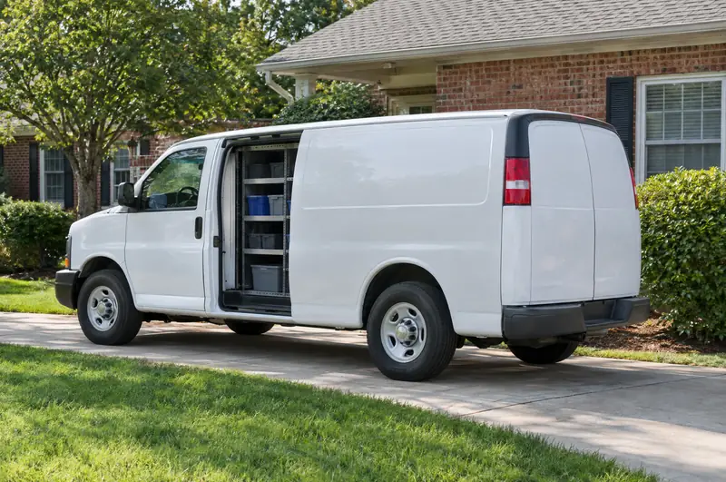 A plain white service van with its side door open to stocked shelves, parked in the driveway of a brick house