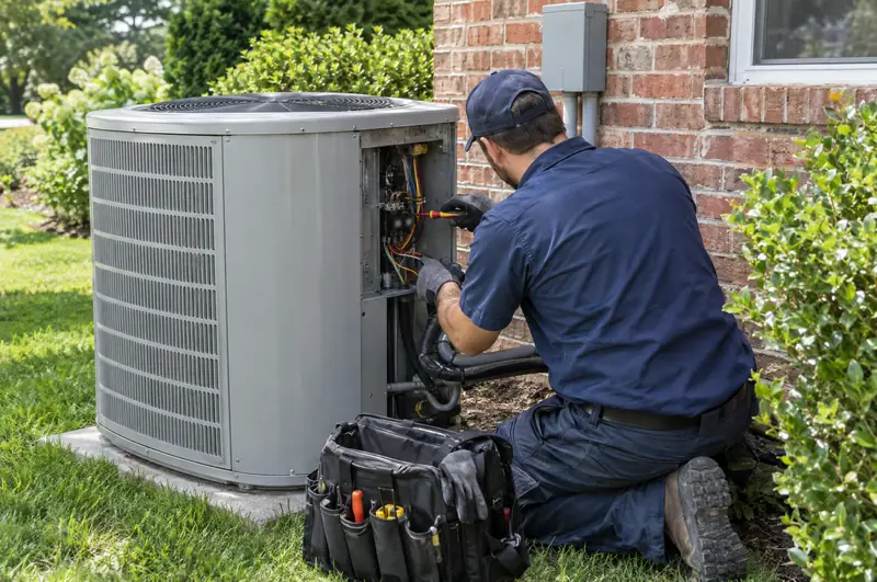 A technician kneels beside an outdoor air conditioner with its side panel off, working on the wiring with an insulated screwdriver