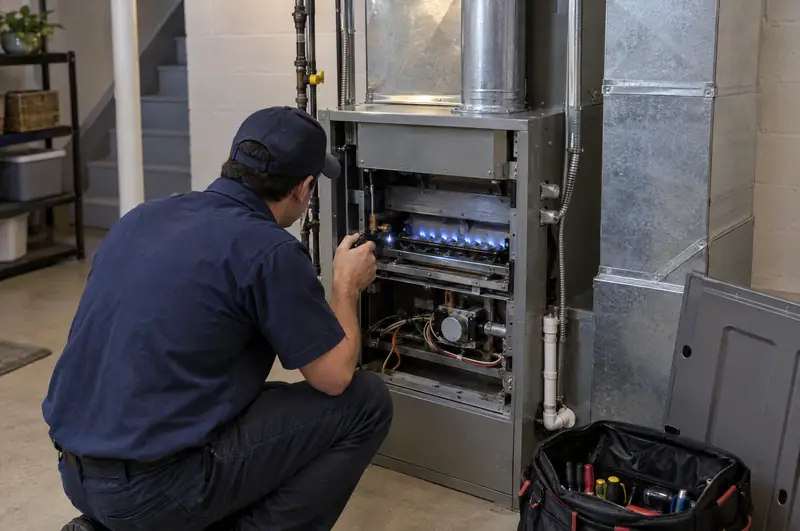 A technician crouches at a basement gas furnace with the front panel off, checking the blue burner flames with a flashlight