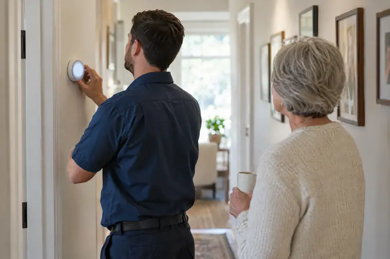 A technician sets a round wall thermostat in a hallway while the homeowner, holding a coffee mug, watches from behind